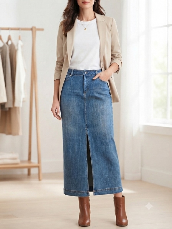Talbots Dresses & Skirts - Talbots Classic Blue Denim Pencil Skirt with Front Slit – Size 16
